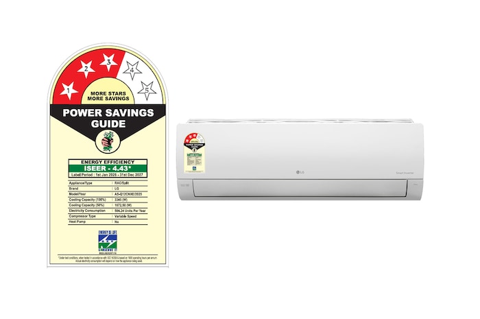 LG AS-Q12CNXE 1 Ton 3 Star Split AC perspective angle view  with power saving guide on left side.