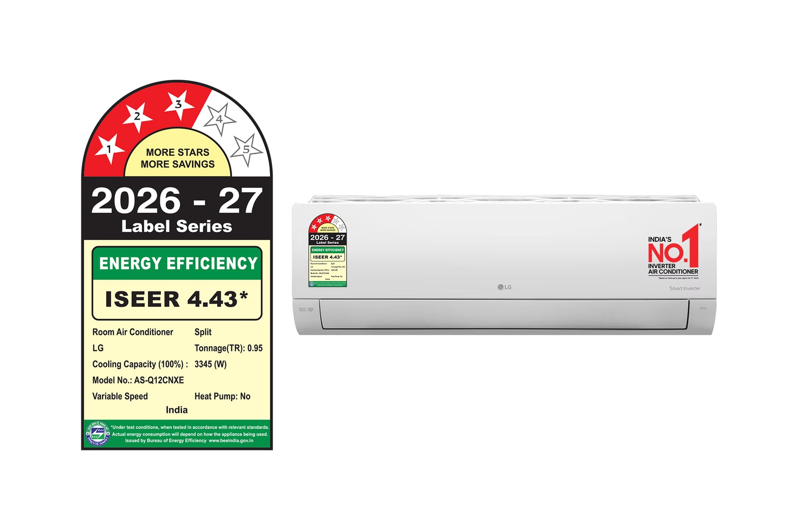 LG AS-Q12CNXE 1 Ton 3 Star Split AC perspective angle view with power saving guide on left side.