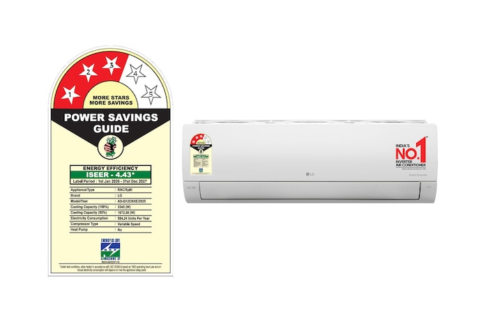 LG AS-Q12CNXE 1 Ton 3 Star Split AC perspective angle view  with power saving guide on left side.