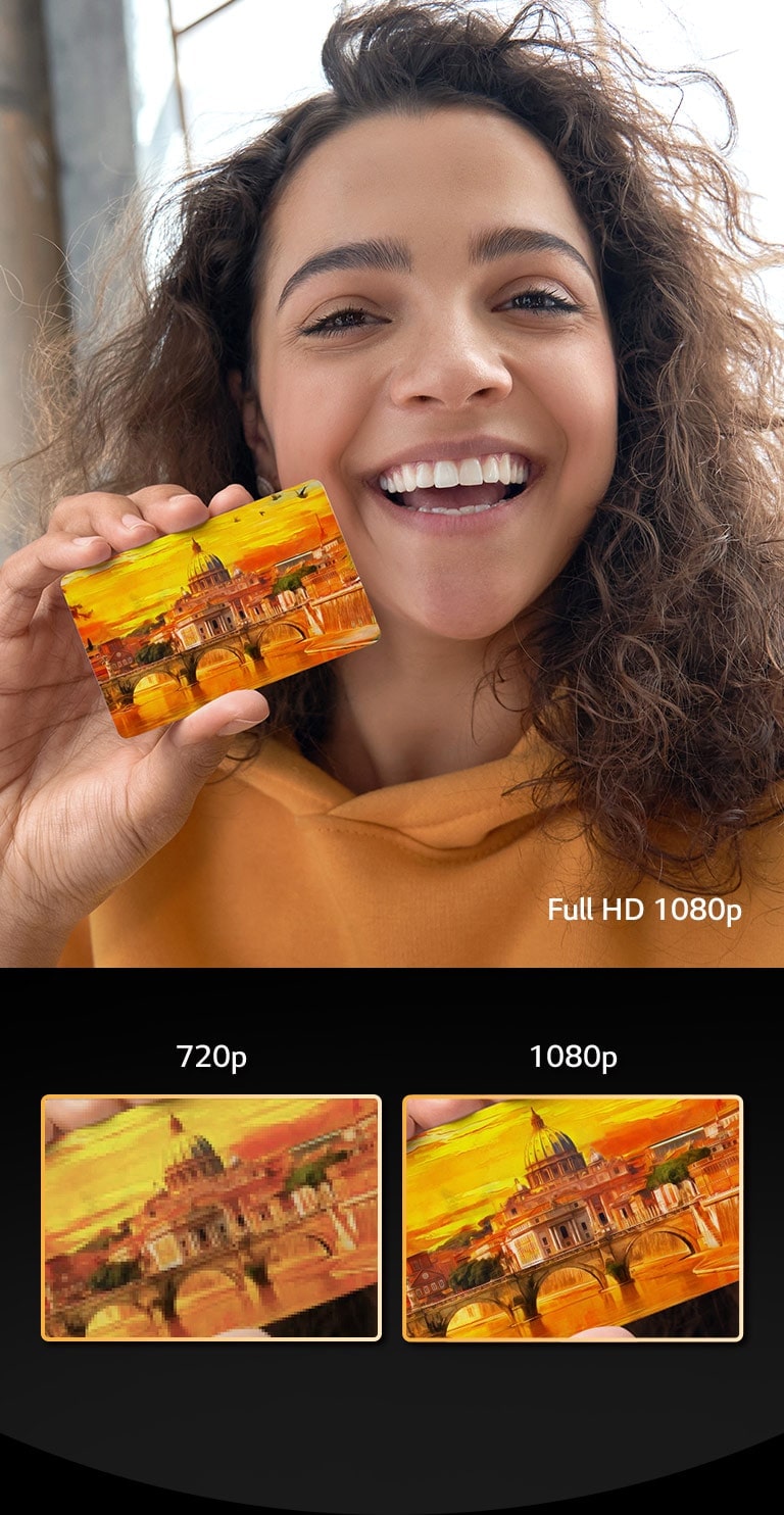 LG VC23GA A woman is holding a yellow card in her right hand, facing forward and smiling brightly.