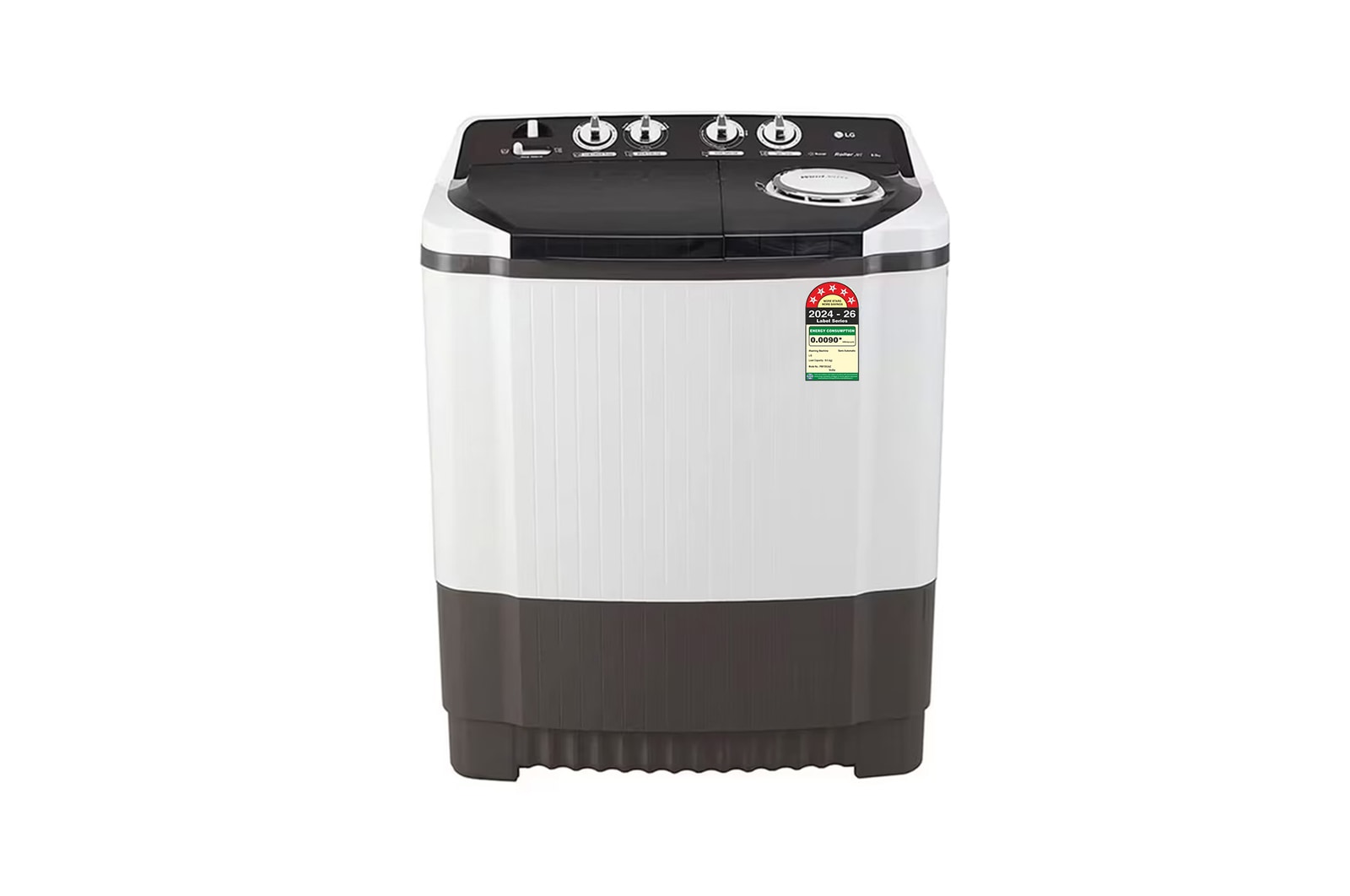 Front view of LG 8Kg Semi Automatic Washing Machine, Roller Jet Pulsator + Soak, Dark Grey, 5 Star P8015SGAZ