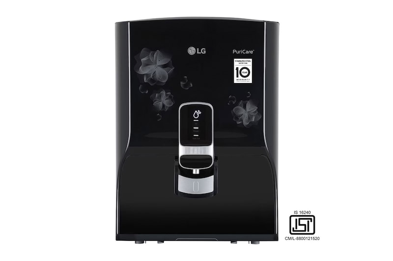 Front view of LG 8L RO+UV+Mineral Booster Water Purifier, Steel Tank, Black WW151NP