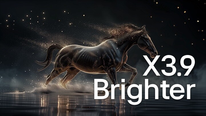 LG OLED evo TV powered by alpha 11 AI Processor 4K Gen3 shows a dark scene with glowing particles forming around a horse silhouette, delivering higher luminance, clearer detail, and up to 3.9x brighter peak brightness.