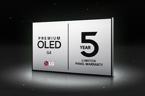 Il logo LG OLED Care+ e 5 anni di garanzia del pannello su uno sfondo nero.