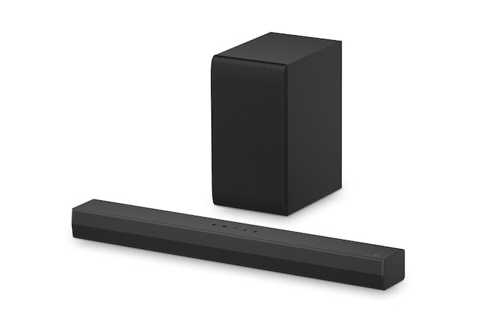 Soundbar e subwoofer visti da tre quarti verso sinistra