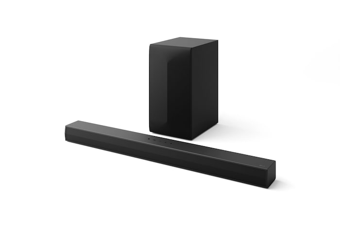 Soundbar e subwoofer visti da tre quarti verso sinistra