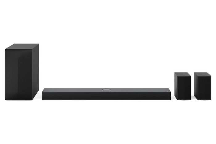 Immagine frontale della soundbar e le casse posteriori