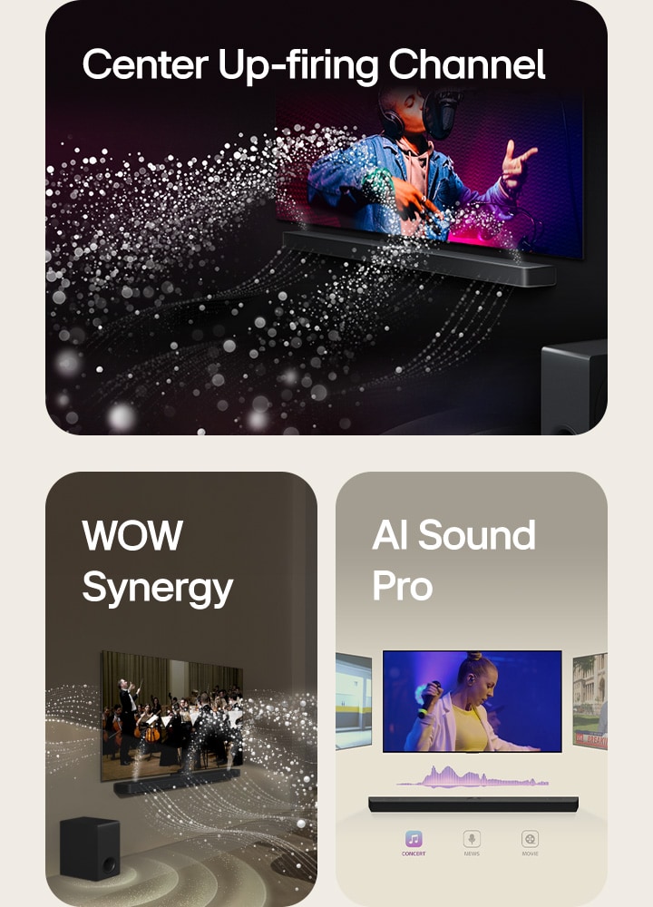 Ci sono 3 immagini. La prima mostra una soundbar e un TV LG in una stanza nera che riproducono uno spettacolo musicale. Goccioline bianche che rappresentano le onde sonore vengono sparate verso l'alto e in avanti dalla soundbar, mentre il subwoofer crea un effetto sonoro dal basso. La seconda mostra una soundbar e un TV LG in salotto mentre riproducono un concerto. Onde bianche di goccioline che rappresentano le onde sonore vengono sparate verso l'alto e in avanti dalla soundbar e si proiettano dalla TV, poiché il subwoofer crea un effetto sonoro dal basso. La terza mostra una soundbar LG con tre diversi schermi TV sopra. Uno mostra un film, uno mostra un concerto e l'altro mostra un notiziario. Sotto la soundbar ci sono tre icone per mostrare ciascun genere.