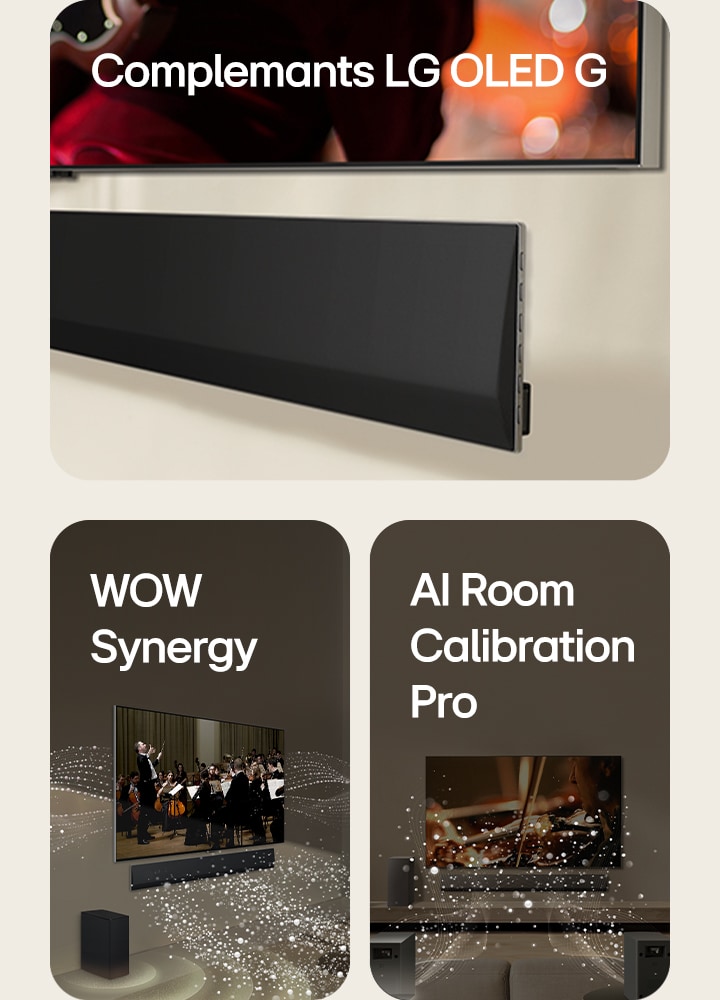Composizione di 3 immagini:  - Una prospettiva angolata della parte inferiore di un TV LG e di una soundbar LG, affissi al muro.  - Una soundbar e un TV LG in salotto mentre si vede un concerto. Onde bianche di goccioline che rappresentano le onde sonore vengono sparate verso l'alto e in avanti dalla soundbar e si proiettano dal TV, mentre il subwoofer crea un effetto sonoro dal basso.  - Una soundbar, un TV LG, degli altoparlanti posteriori e il subwoofer si trovano in soggiorno. Sulla stanza viene visualizzata una sovrapposizione di griglia, come una scansione dello spazio. Dalla prospettiva frontale degli altoparlanti posteriori escono onde sonore bianche composte da goccioline.