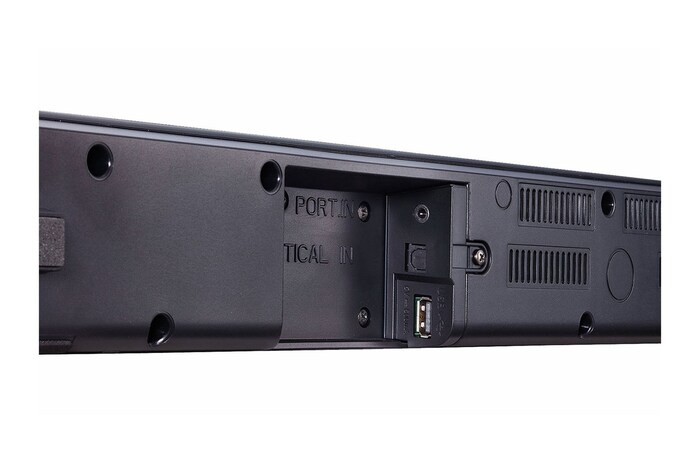 Dettaglio degli ingressi della soundbar visti in prospettiva
