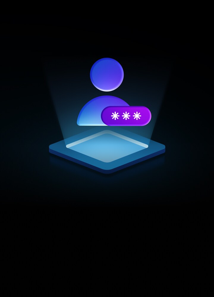 Grafica al neon su uno sfondo nero. L’archiviazione sicura dei dati mostra una rappresentazione grafica di una persona e una bolla con tre asterischi sopra un diamante blu al neon.