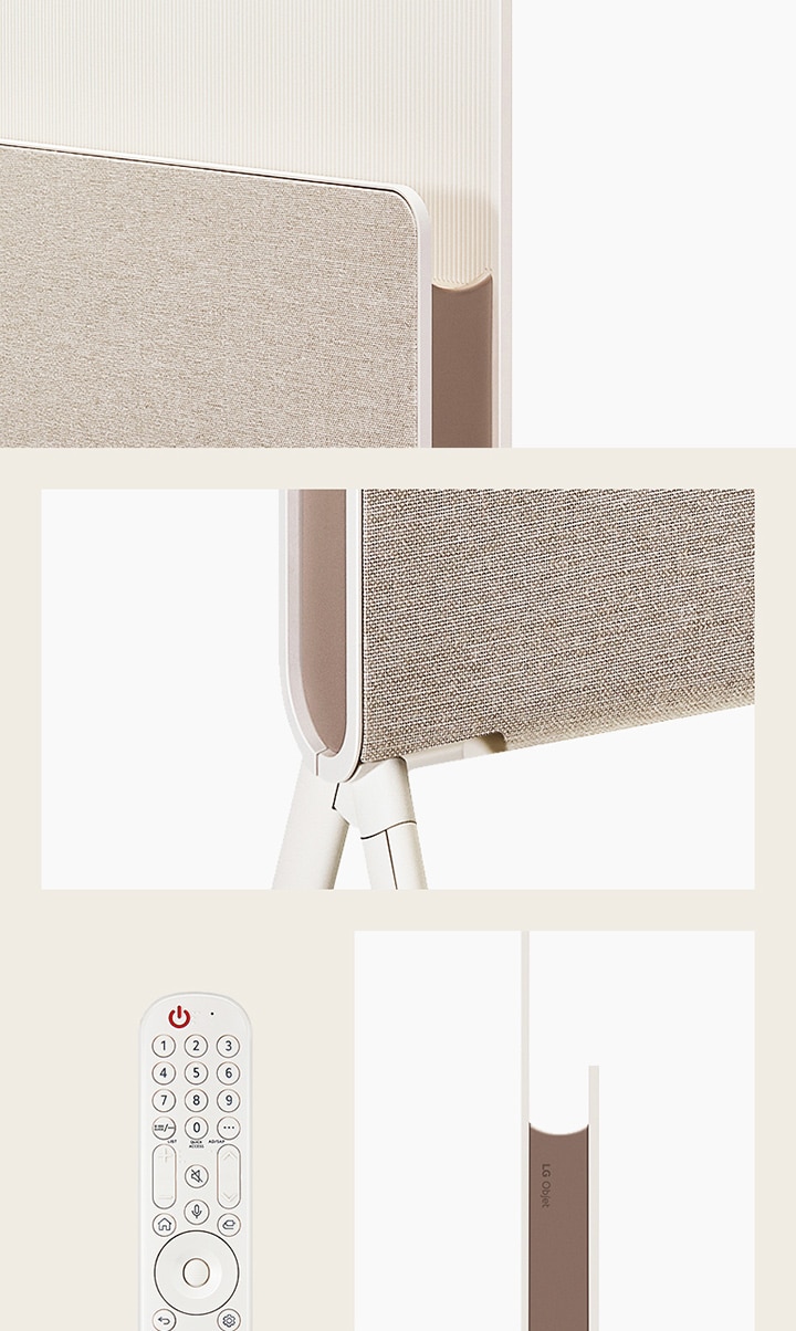 Vista ravvicinata del retro di LG OLED Posé da un angolo.  Vista ravvicinata dell’angolo inferiore di LG OLED Posé da un angolo.  Il telecomando puntatore beige è visibile parzialmente.