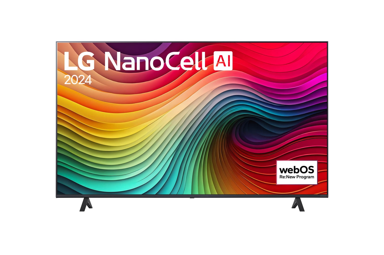 Vista frontale del TV LG NanoCell serie NANO82. Sul TV ci sono il logo LG NanoCell e il logo webOS Re:New Program.