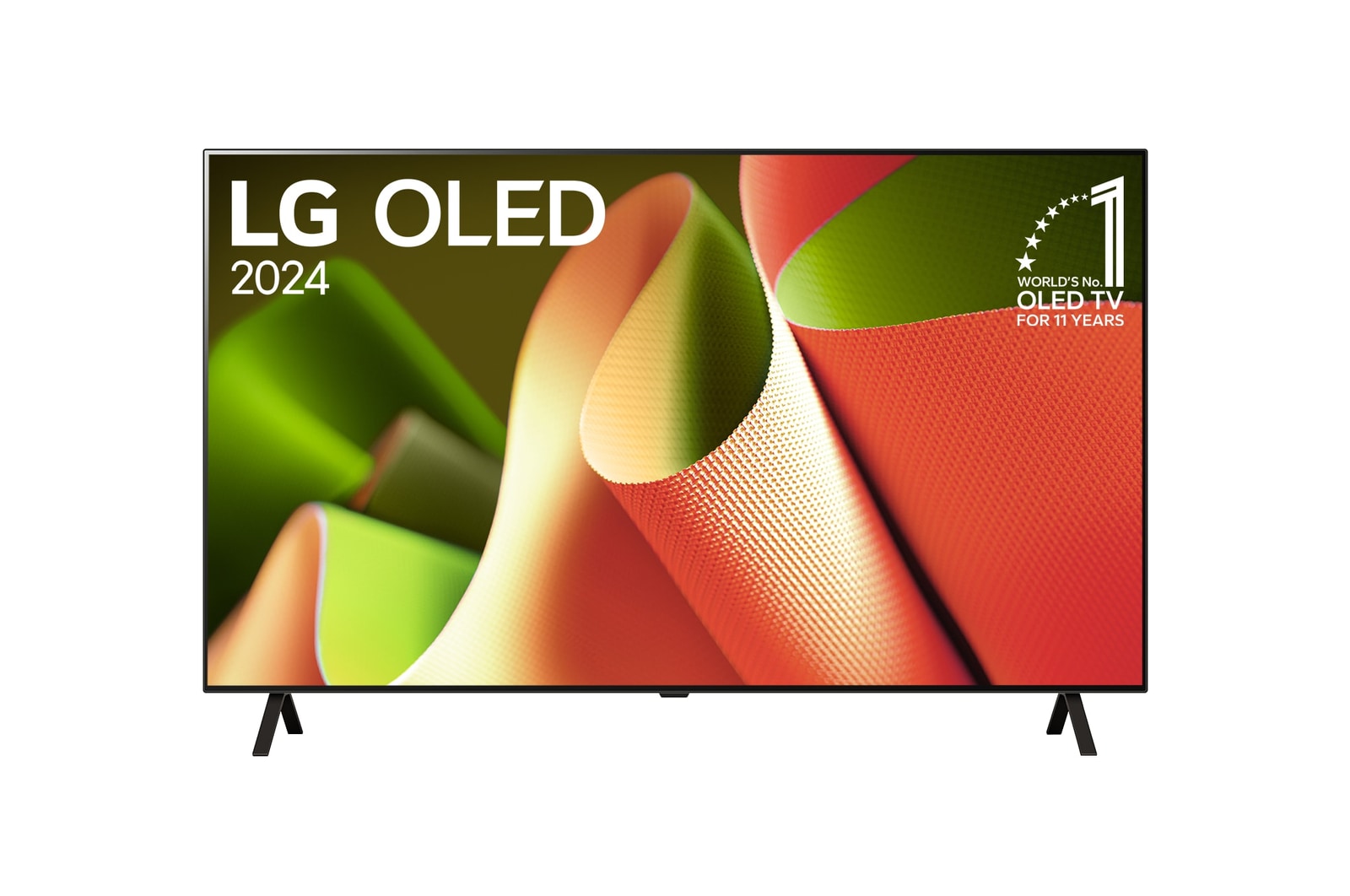 Vista frontale del TV con l'emblema di brand n°1 nei TV OLED da 11 anni e il logo del programma di aggiornamento webOS Re:New
