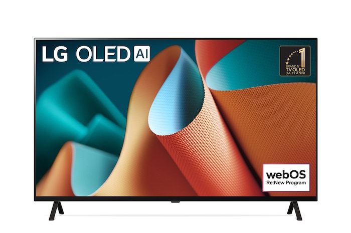 Vista frontale del TV con l'emblema di brand n°1 nei TV OLED da 11 anni e il logo del programma di aggiornamento webOS Re:New