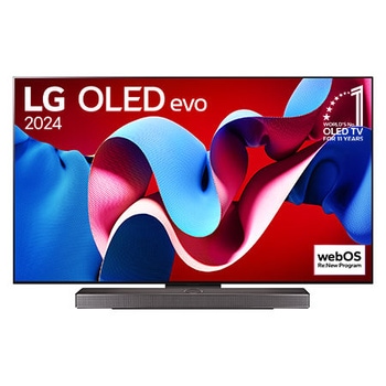 Vista frontale con LG OLED evo C4, OLED77C44LA, logo di brand numero 1 al mondo da 11 anni per TV OLED e logo del programma WebOS Re:New sullo schermo.