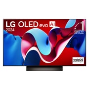 Vista frontale del TV LG OLED evo AI serie OLED C4. Sul TV ci sono il logo 11 anni, l'emblema OLED n. 1 al mondo e il logo webOS Re:New Program.