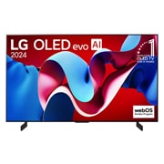Vista frontale del TV LG OLED evo AI serie OLED C4. Sul TV ci sono il logo 11 anni, l'emblema OLED n. 1 al mondo e il logo webOS Re:New Program.