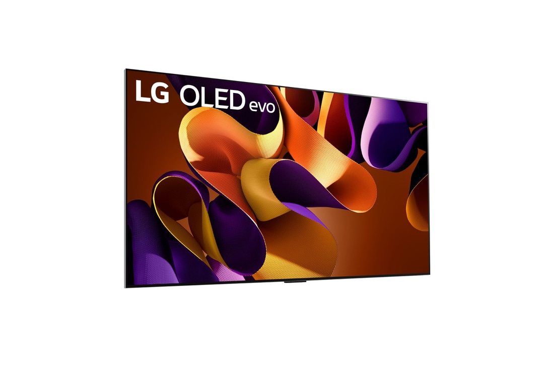 Vista laterale leggermente inclinata verso sinistra del TV LG OLED evo, OLED G4 sulla parete