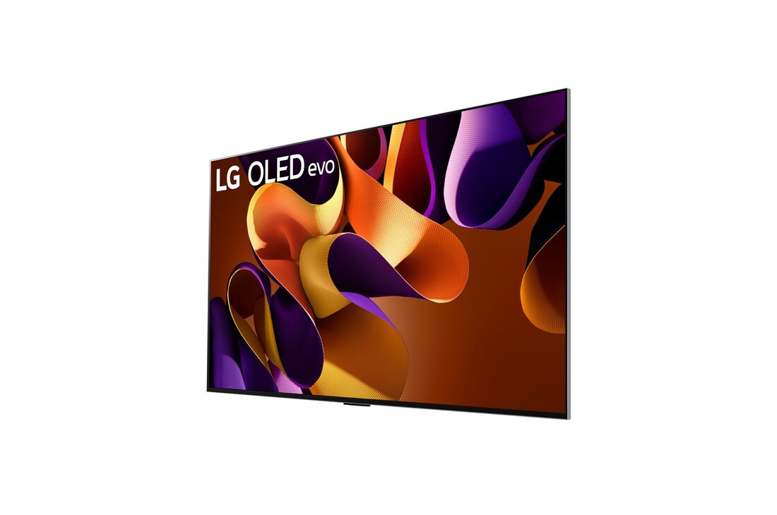 Vista laterale leggermente inclinata verso sinistra del TV LG OLED evo, OLED G4 sulla parete