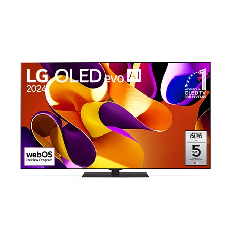 Vista frontale con TV LG OLED evo AI, OLED G4, 11 anni di emblema OLED n. 1 al mondo e logo webOS Re:New Program sullo schermo