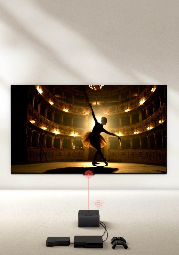 LG OLED evo M4 visto dall'alto con più console e dispositivi collegati tramite cavi che sembrano disordinati prima di svanire. Il box Zero Connect appare con dispositivi e console ordinatamente organizzati dietro di esso, con un  segnale Wi-Fi rosso e un raggio che va verso il TV, mentre la prospettiva si abbassa per mostrare una visione completa dello schermo.