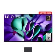 Front view with LG OLED evo TV, OLED M4, 11 Years of world number 1 OLED Emblem, webOS Re:New Program logo, 5-Year Panel Warranty logo on screen, and a Zero Connect Box with 4K 144Hz wireless video & audio transfer connected to a TV, and a Wi-Fi signal coming out of the box