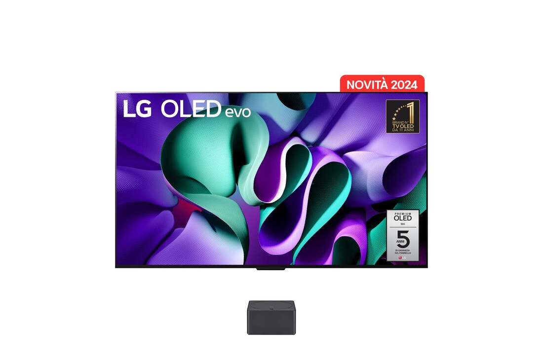 Front view with LG OLED evo TV, OLED M4, 11 Years of world number 1 OLED Emblem, webOS Re:New Program logo, 5-Year Panel Warranty logo on screen, and a Zero Connect Box with 4K 144Hz wireless video & audio transfer connected to a TV, and a Wi-Fi signal coming out of the box