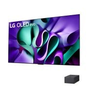 Left-facing side view of LG OLED evo TV, OLED M4 on the wall, and a Zero Connect Box placed below the TV
