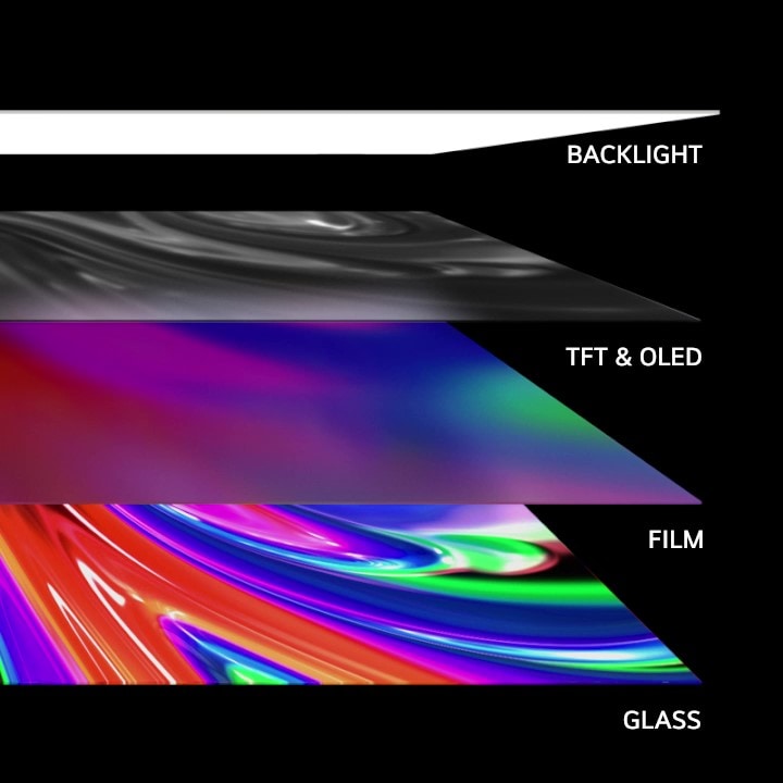 Si vedono i 4 strati che solitamente compongono un televisore: la retroilluminazione, lo strato TFT o OLED, la pellicola e il vetro. Dopodiché la retroilluminazione scompare e le altre 3 si uniscono per diventare un unico strato. L'immagine poi ruota verso l'alto e diventa un TV visto frontalmente.