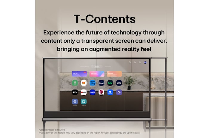 LG SIGNATURE OLED con la schermata iniziale di webOS LG. Poiché il televisore è in modalità trasparente, l’interfaccia utente sembra fluttuare, fondendosi con la realtà. Il titolo recita: T-Contents, progettati per schermi trasparenti, fatti per fondersi con la realtà.  