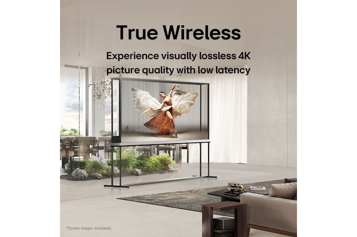 LG Signature OLED T si trova al centro di un salotto moderno e raffigura una ballerina. Lo Zero Connect Box è posizionato su un tavolino accanto al divano.