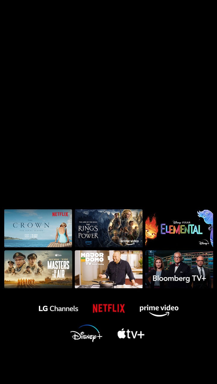 Vengono visualizzate sei miniature di film e programmi TV e di seguito sono riportati i loghi di LG Channels, Netflix, Prime Video, Disney+ e Apple TV+.