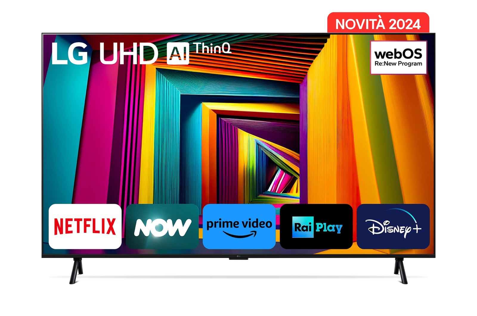 Vista frontale del TV con il logo del programma di aggiornamento webOS Re:New