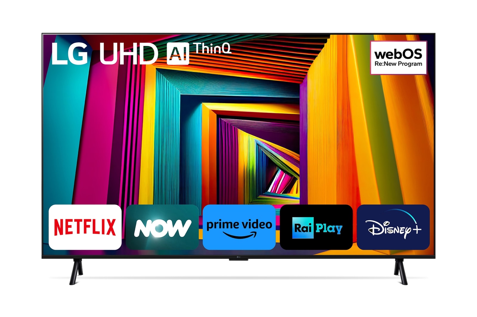 Vista frontale del TV con il logo del programma di aggiornamento webOS Re:New