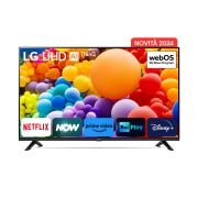 Immagine frontale del TV con la scritta Novità 2024 in alto. Sullo schermo ci sono i loghi Netflix, NOW, Prime Vide, Rai Play e Disney+.