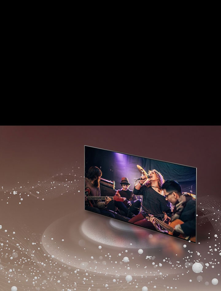 LG TV as sound bubbles and waves emit from the screen and fill the space.Immagine di un TV LG dal cui schermo escono bolle e onde sonore che riempiono lo spazio.