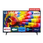 Immagine frontale del TV con la scritta Novità 2024 in alto. Sullo schermo ci sono i loghi Netflix, NOW, Prime Vide, Rai Play e Disney+.