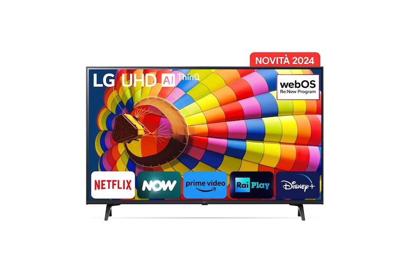 Immagine frontale del TV con la scritta Novità 2024 in alto. Sullo schermo ci sono i loghi Netflix, NOW, Prime Vide, Rai Play e Disney+.