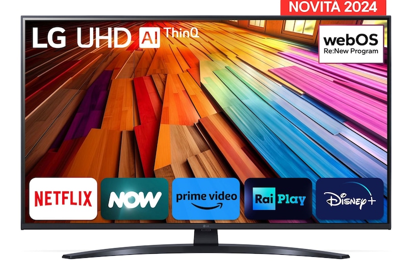 Immagine frontale del TV con la scritta Novità 2024 in alto. Sullo schermo ci sono i loghi Netflix, NOW, Prime Vide, Rai Play e Disney+.