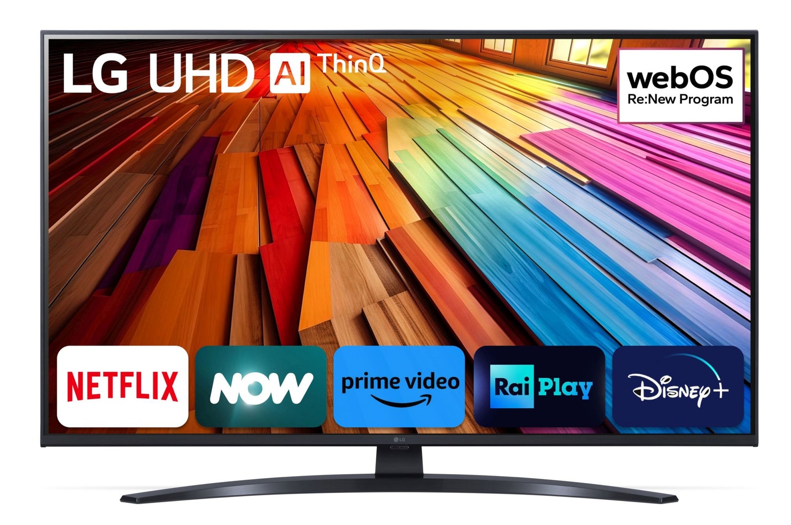 Immagine frontale del TV con la scritta Novità 2024 in alto. Sullo schermo ci sono i loghi Netflix, NOW, Prime Vide, Rai Play e Disney+.