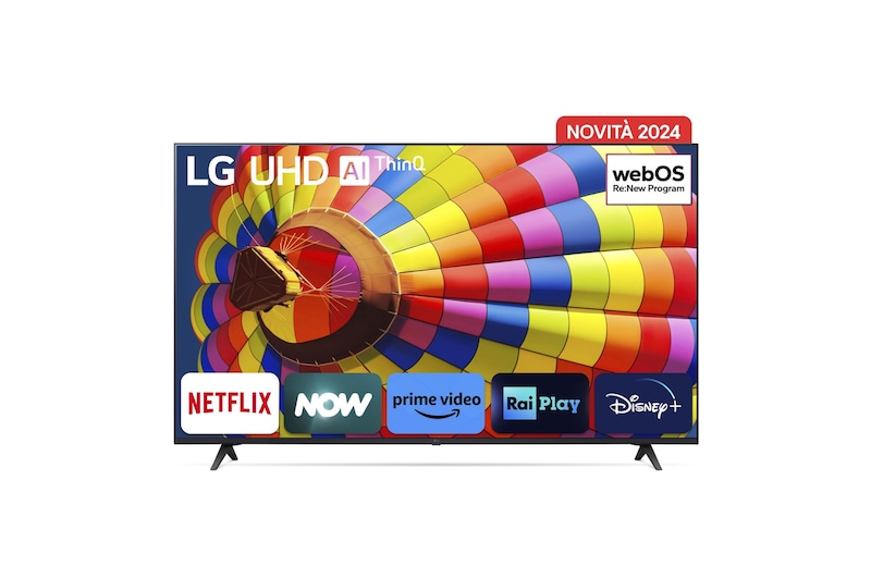 Immagine frontale del TV con la scritta Novità 2024 in alto. Sullo schermo ci sono i loghi Netflix, NOW, Prime Vide, Rai Play e Disney+.