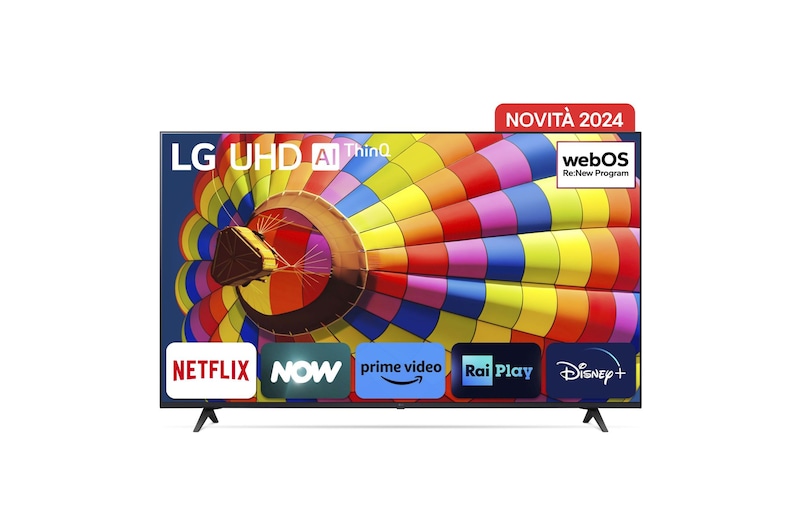 Immagine frontale del TV con la scritta Novità 2024 in alto. Sullo schermo ci sono i loghi Netflix, NOW, Prime Vide, Rai Play e Disney+.