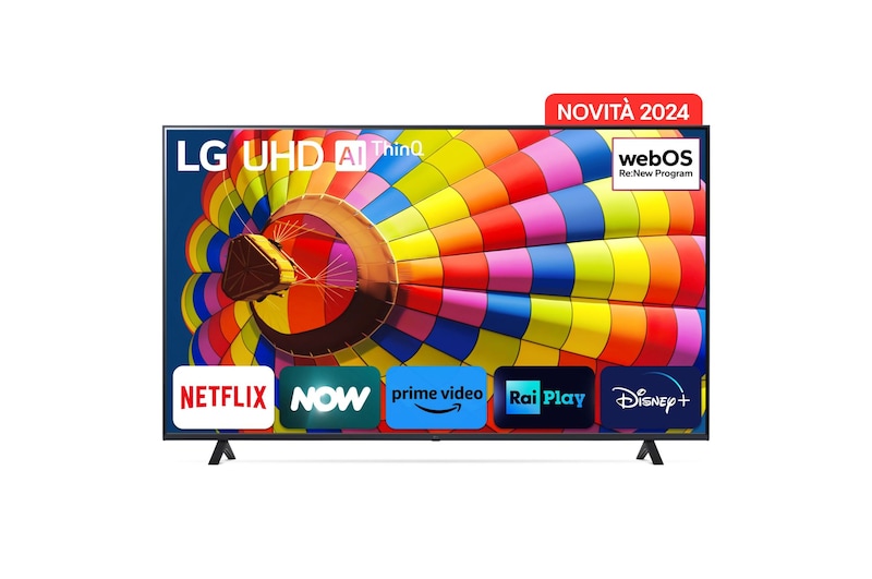 Immagine frontale del TV con la scritta Novità 2024 in alto. Sullo schermo ci sono i loghi Netflix, NOW, Prime Vide, Rai Play e Disney+.