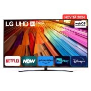Immagine frontale del TV con la scritta Novità 2024 in alto. Sullo schermo ci sono i loghi Netflix, NOW, Prime Vide, Rai Play e Disney+.