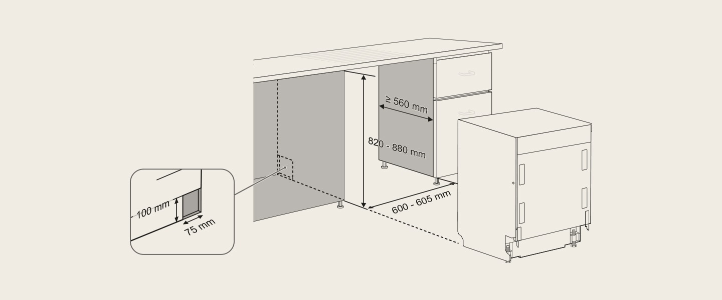 Dimensioni per l'installazione: larghezza 600–605mm, altezza 820–880mm, profondità ≥560mm, spazio posteriore per la ventilazione 75–100mm.
