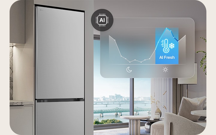 Frigorifero LG con congelatore inferiore (gbbs726cpy) accanto a mobili grigio chiaro nella zona giorno con vista sul fiume sovrapposta al grafico e all’icona AI Fresh.