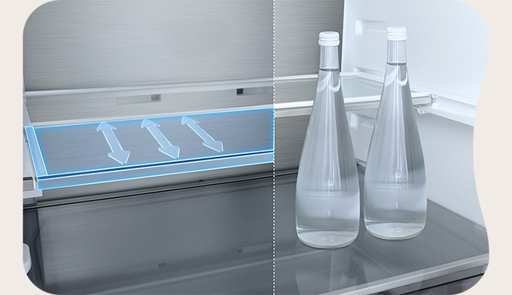 Frigorifero combinato LG (gbbs726cpy) con ripiano evidenziato in blu con frecce su e giù. L’immagine a destra mostra il ripiano ripiegato che contiene due bottiglie d’acqua.