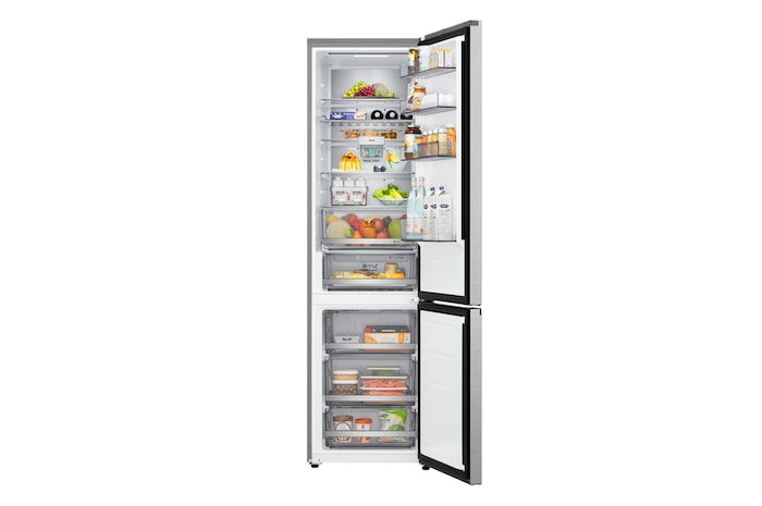 Vista con la porta completamente aperta del frigorifero LG con congelatore inferiore (gbbs726cpy) che mostra gli scomparti del frigorifero e del congelatore.