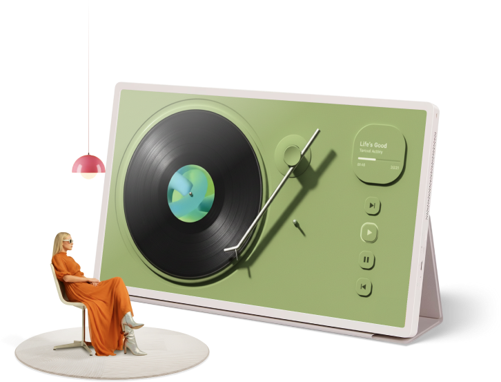 Persona che utilizza LG StanbyME 2 in modalità giradischi.